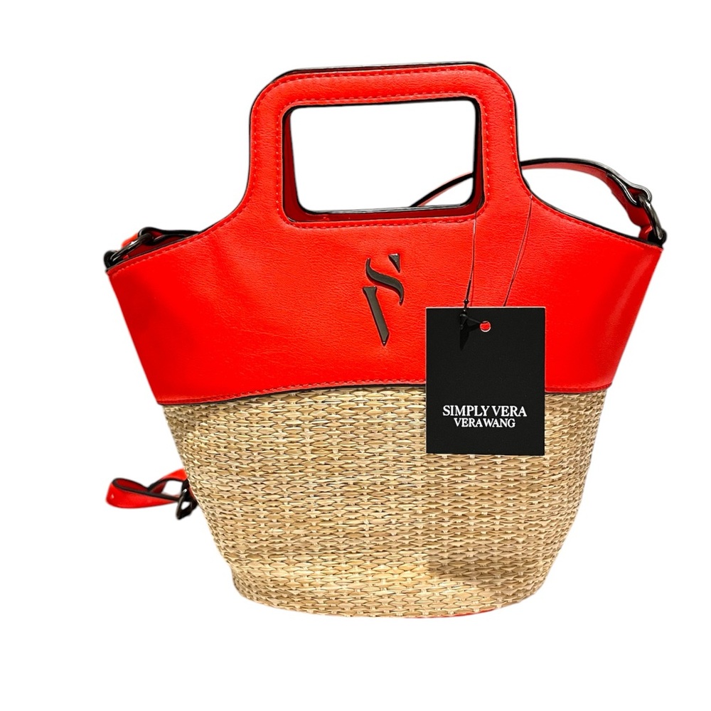 Simply Vera Vera Wang Top Handle Straw Satchel Bag, Natural Orange, Brand New